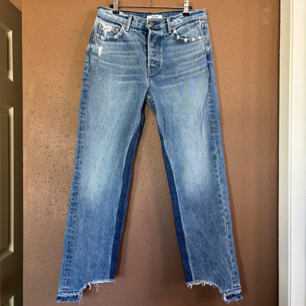 GRLFRND Helena High Rise Straight Leg Two Tone Distressed Jeans Size 28 Blue - Picture 1 of 10
